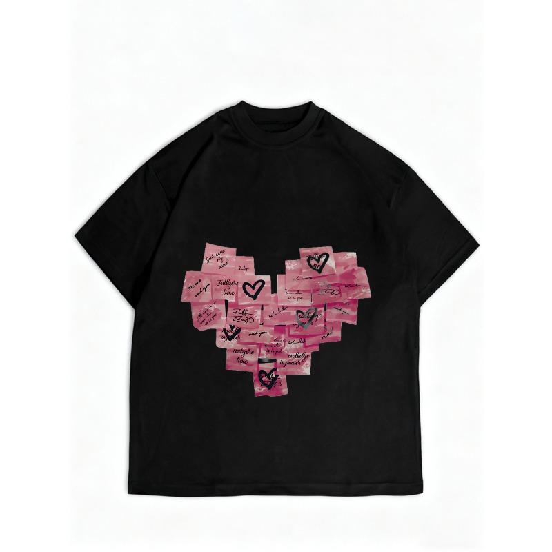 Women Casual Round Neck T Shirt Black Heart Shape Notes Print Love Messages Graphic Top Daily Wear Valentine Gift Outfit