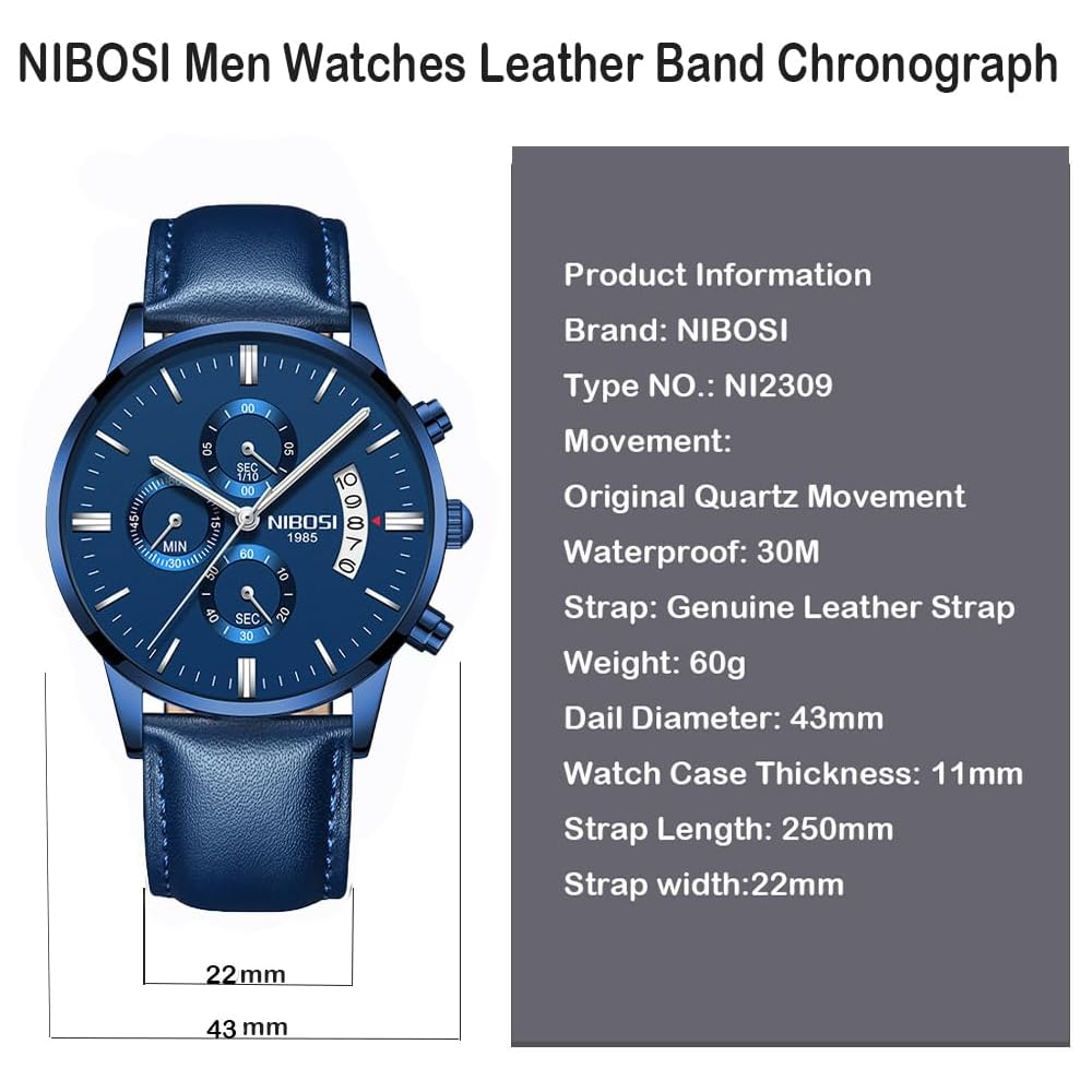 Nibosi Men's Chronograph Watch Blue Leather Strap Waterproof Analog Casual Big Face