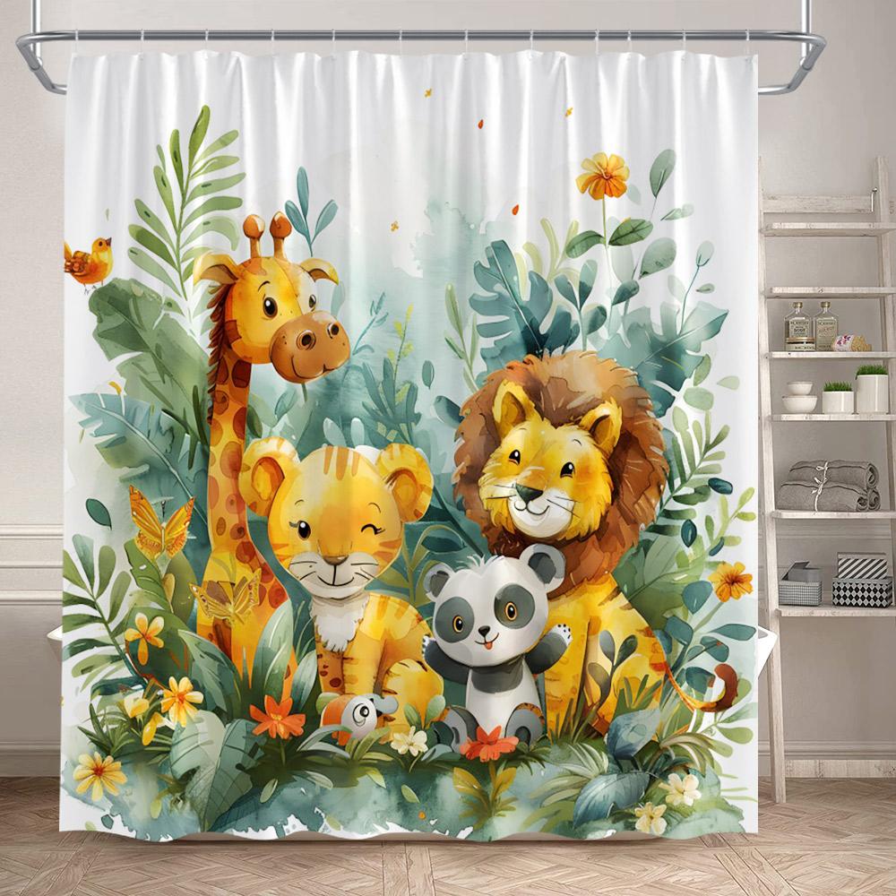 Cartoon Wild Animals Shower Curtains Lion Elephant Giraffe Monkey Forest Wildlife Kids Bath Curtain Fabric Home Bathroom Decor