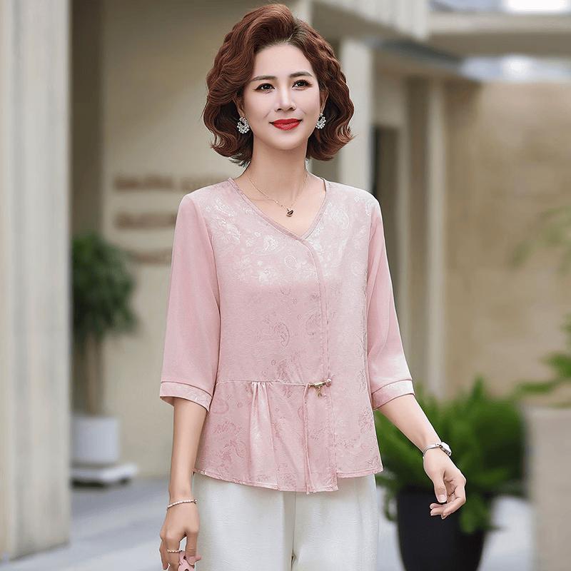 Elegant Chinese Style Embroidered Summer Blouse & Top Set for Moms