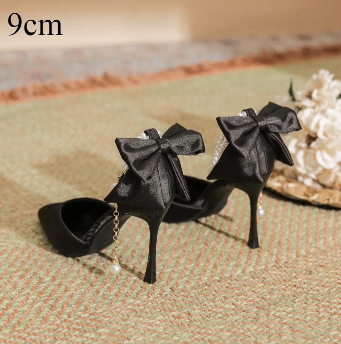 Fashion High Heeled Women's New Pointed Thin Heel Silk Satin Hollow Heel Bow High Heels Women Versatile Commuter Single Shoes for Women