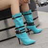 Plus Size Dark Green Elastic Float Material Knee High Boots Pointed Toe High Slim Heels Four Row Belt Buckles Women's Boots 2026