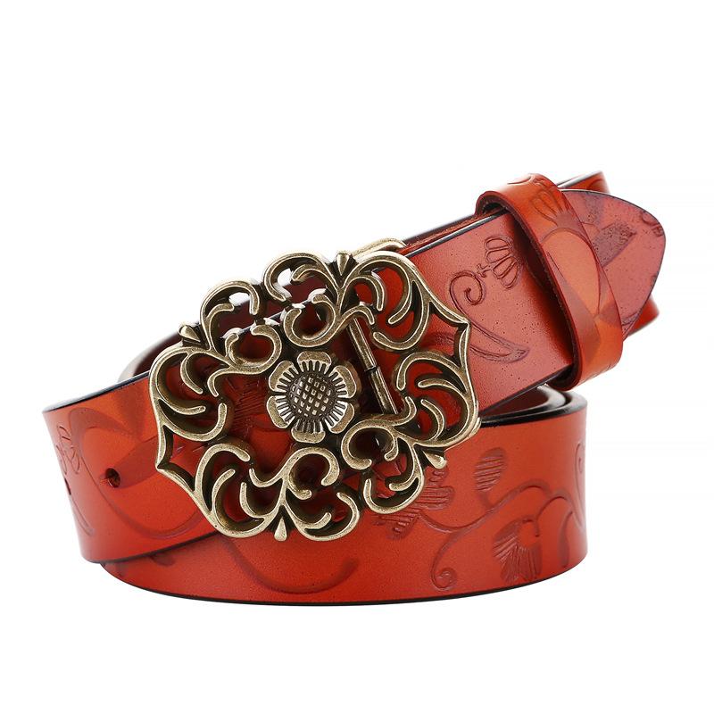 Dames Split Koeienhuid Brede Riem Vintage Bloemenreliëf, Antiek Holle Bloem Gesp, Voor Casual T-shirts Jeans 115CM black