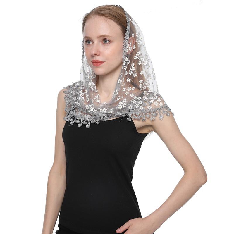 Lenço triangular feminino para igreja, xale de oração bordado, véu de renda floral, cobertura de cabeça com borla, mantilhas para a igreja