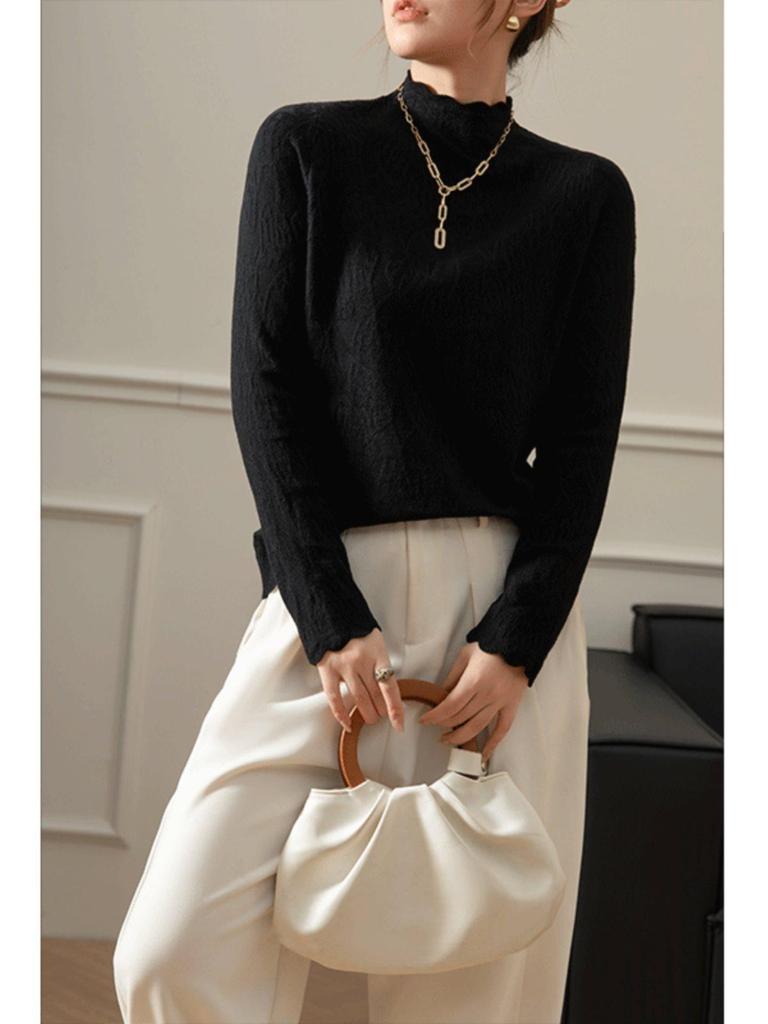 Women's French Style Semi-High Neck Lace Jacquard Sweater – Spring Slim Fit Pullover Top