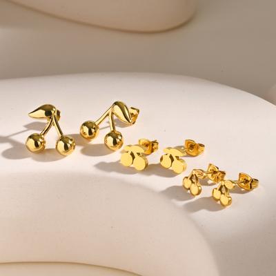 Stainless Steel Cherry Stud Earrings, Gold Plated Cute Fruit Earrings for Women Birthday Gift
