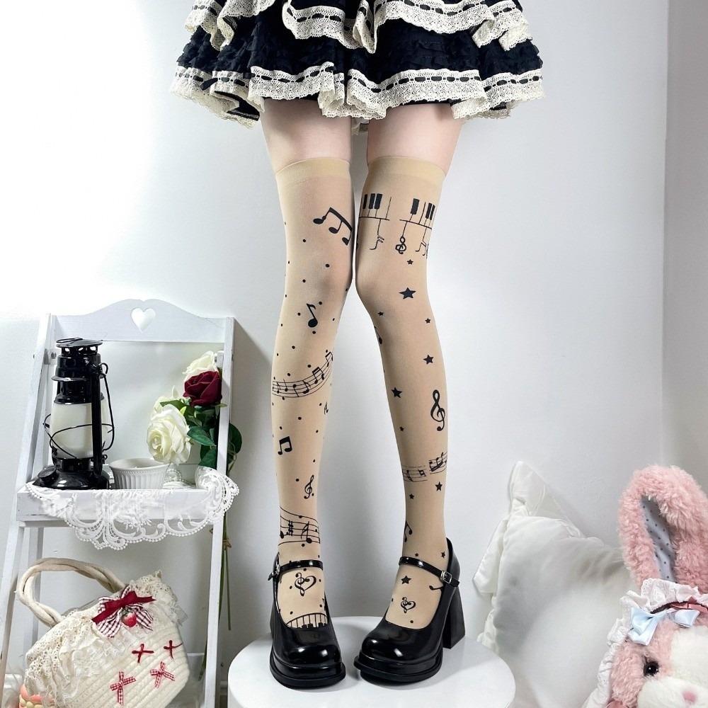 

Thin Music Note Socks Breathable Black White Socks Sweet Musical Staff Stockings Girl Long Apricot