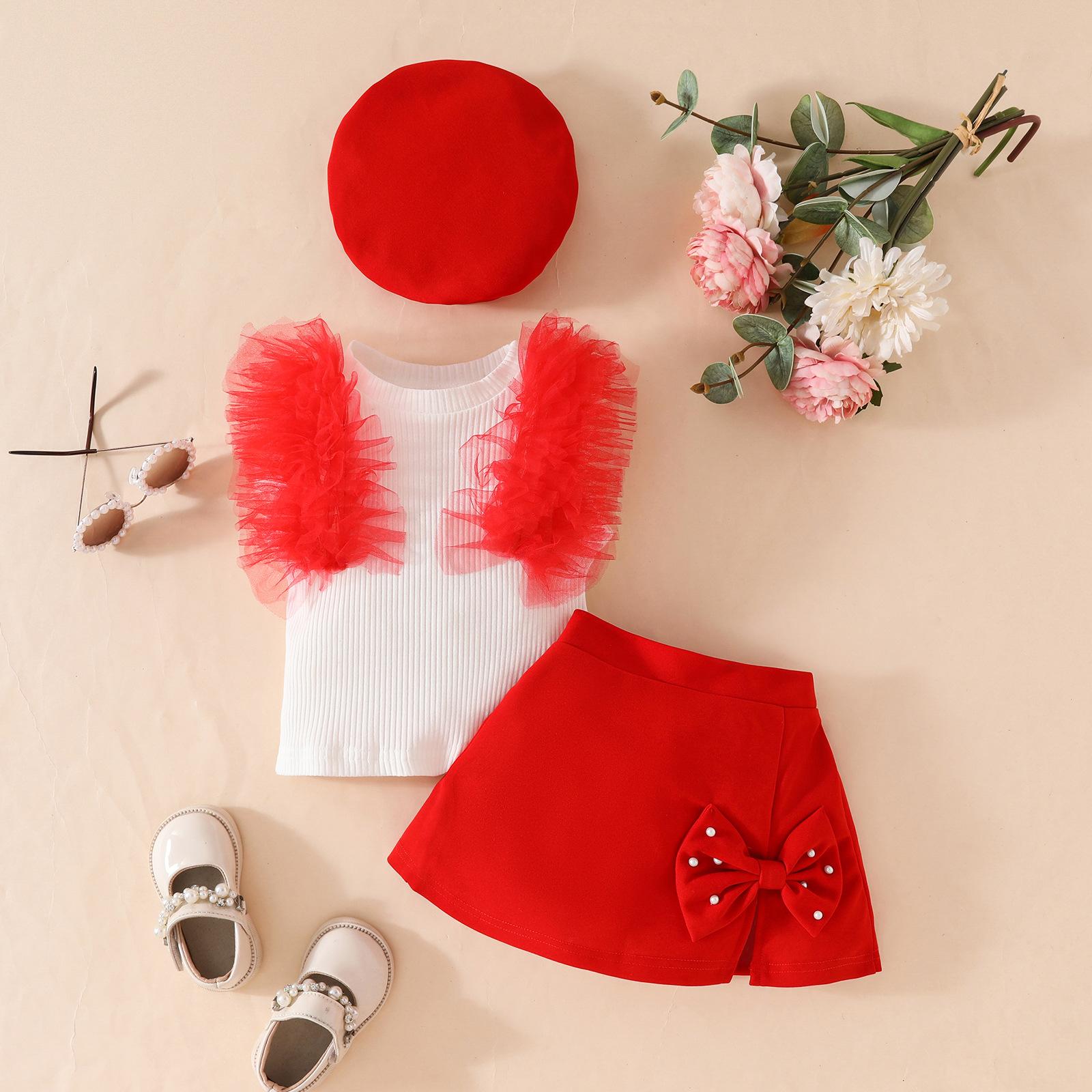 

Повседневный модный комплект для девочек, летний детский милый топ без рукавов + юбка с бантом + берет, комплект из трех предметов 18-24M красный