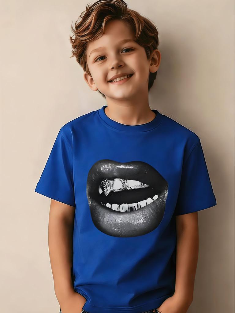 Cool Black Lips Diamond Print Kid Cotton T Shirt Boys Girls Parent Child Short Sleeve Casual Breathable Family Daily Fashion Tee