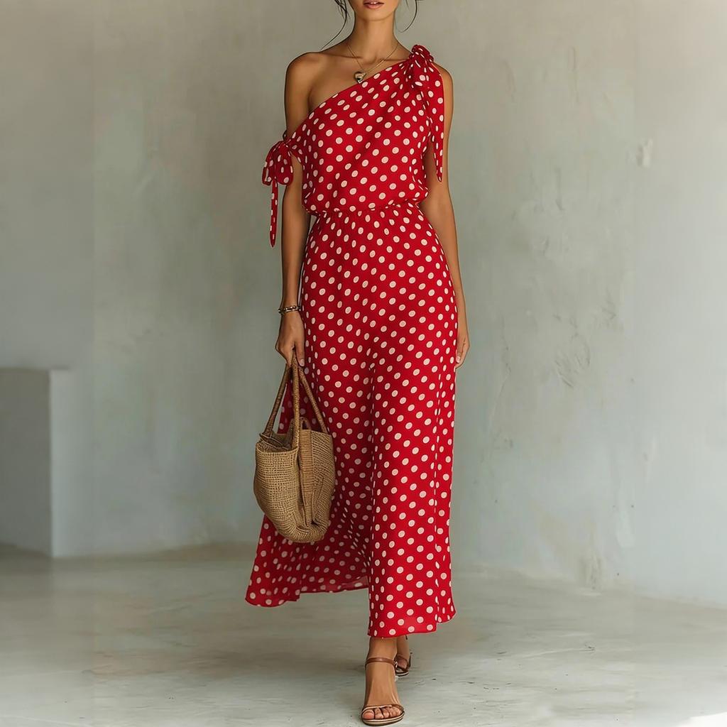 Robe longue décontractée ample à pois pour femme, une épaule, sans manches, avec détail de lien et taille élastique pour l'été