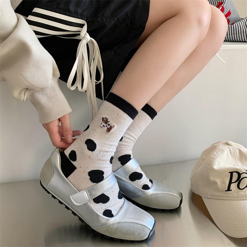 Women's Spring and Summer Versatile Casual Cartoon Color Blocked Dachshund Embroidered Breathable Sports Mid Calf Socks
