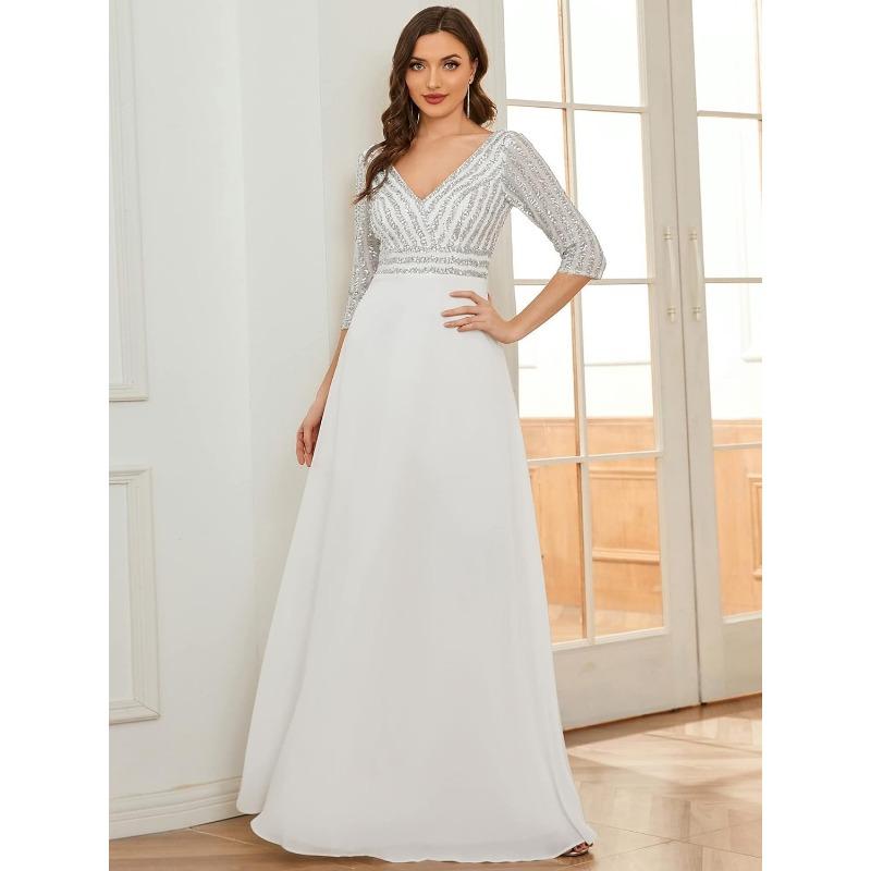 Abito da sera da donna in chiffon con scollo a V profondo, manica lunga, linea ad A, patchwork di paillettes