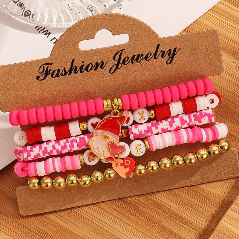 Valentine's Day Bracelet Multi-layer Stacked Pink Love Pendant Bracelet Soft Pottery Beaded Elastic Bracelet