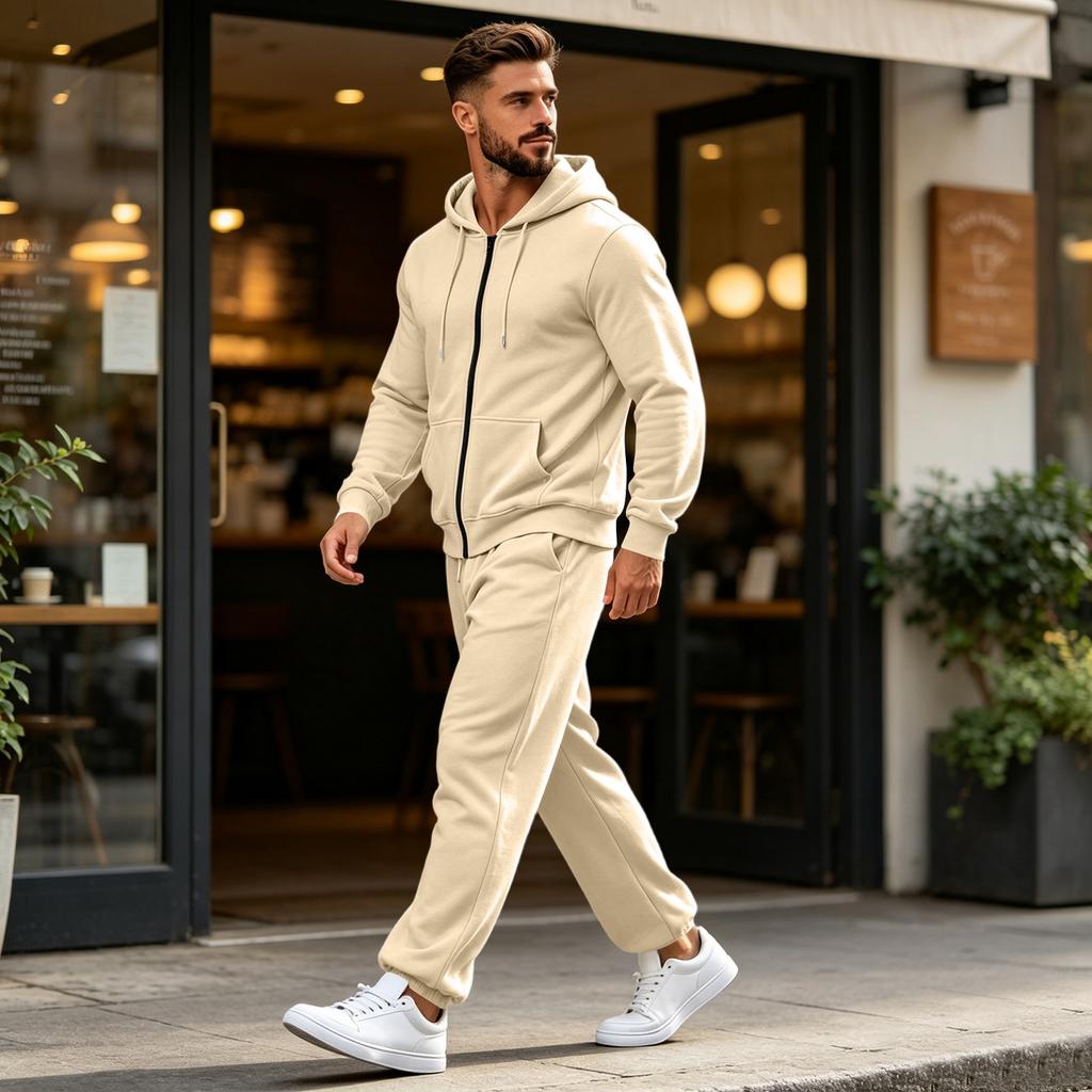 Men's Zip-Up Hoodie and Jogger Set with Multiple Pockets for Activewear