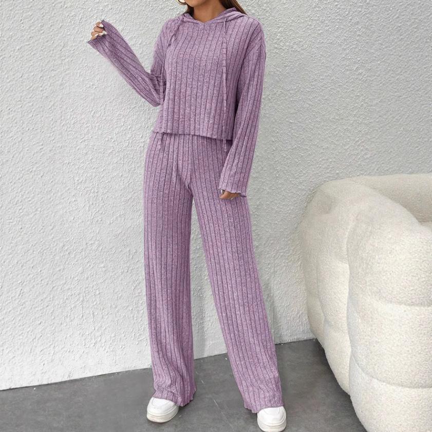Casual Knitted Long Sleeved Set Women's Hooded Sweatshirt, Loose Pants Two-piece Set