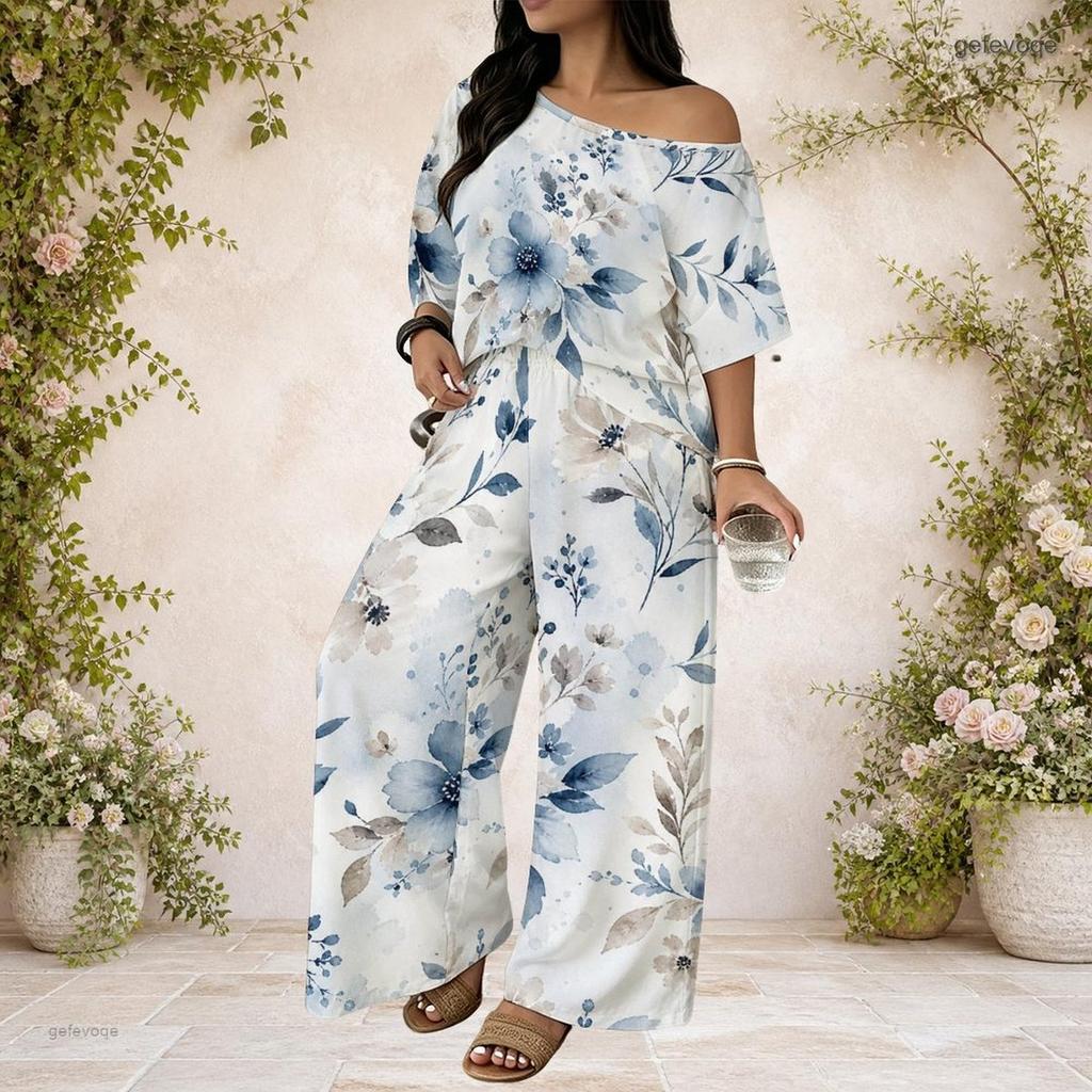 Plus Size Women Two Piece Matching Ensemble Batwing Sleeve Top Loose Long Pants