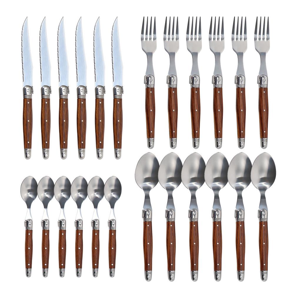 Jaswehome 4/6/24Pcs Wood Grain Dinnerware Serrated Steak Knives Set Full Tang Table Utensil Dinner Spoon Fork