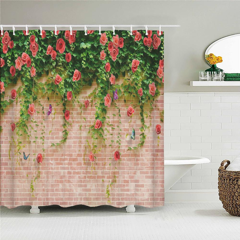 Vattentät Duschdraperi med Blommor Gräs Växt Stenmur för Badrum Badgardiner Extra Lång 180*200 CM 3d Duschdraperi