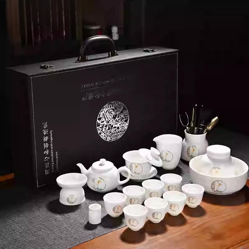 Goat Jade Tea Set Kung Fu Set Chinese Light Luxury Tea Calendars Teacups Office White Porcelain Teapot Covered Bowl Set