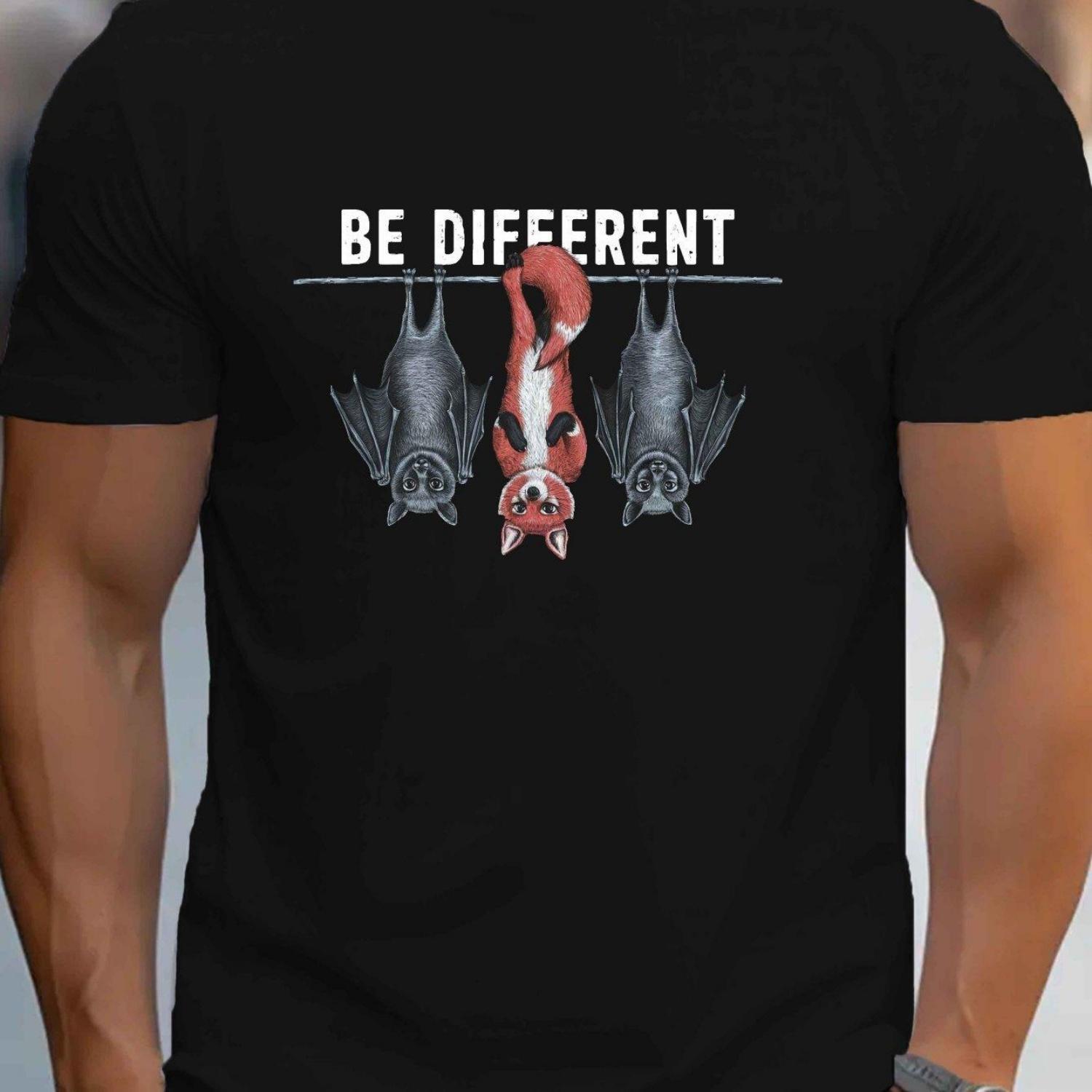 

Men s _Be Different_ Fox & Bats Graphic Tee - Casual Royalr T-Shirt Short Sleeve Round Neck Comfortable and Soft Breathable Tee XXXXXL