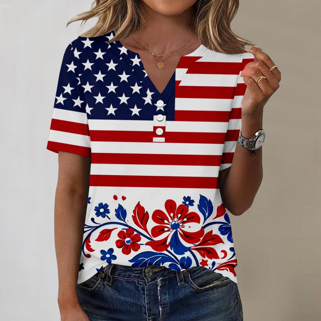 Women's fashionable casual short-sleeved Independence Day print V-neck top