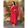 Red Flower Embroidery Cotton Suit Women Designer Kurti Pant with Dupatta Set