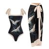 2Pcs/Set Women Printing Monokini with Skirt Sling Bandeau One-Piece Hot Spring Swimsuit with Beach Cover Up