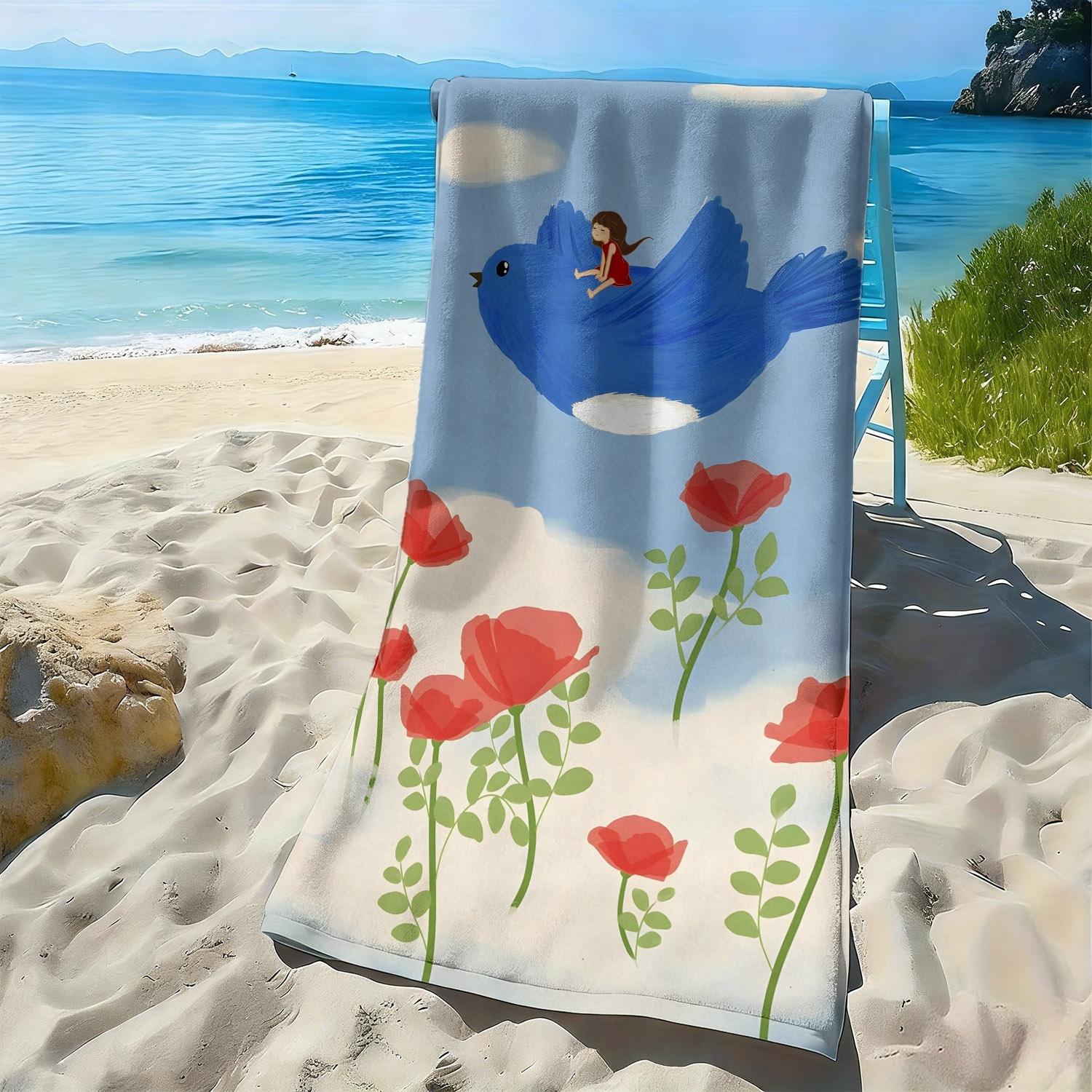 

Cartoon girl and blue bird pattern polyester microfiber beach towel is highly absorbent, suitable for swimming and beach outings W40*H60(CM)