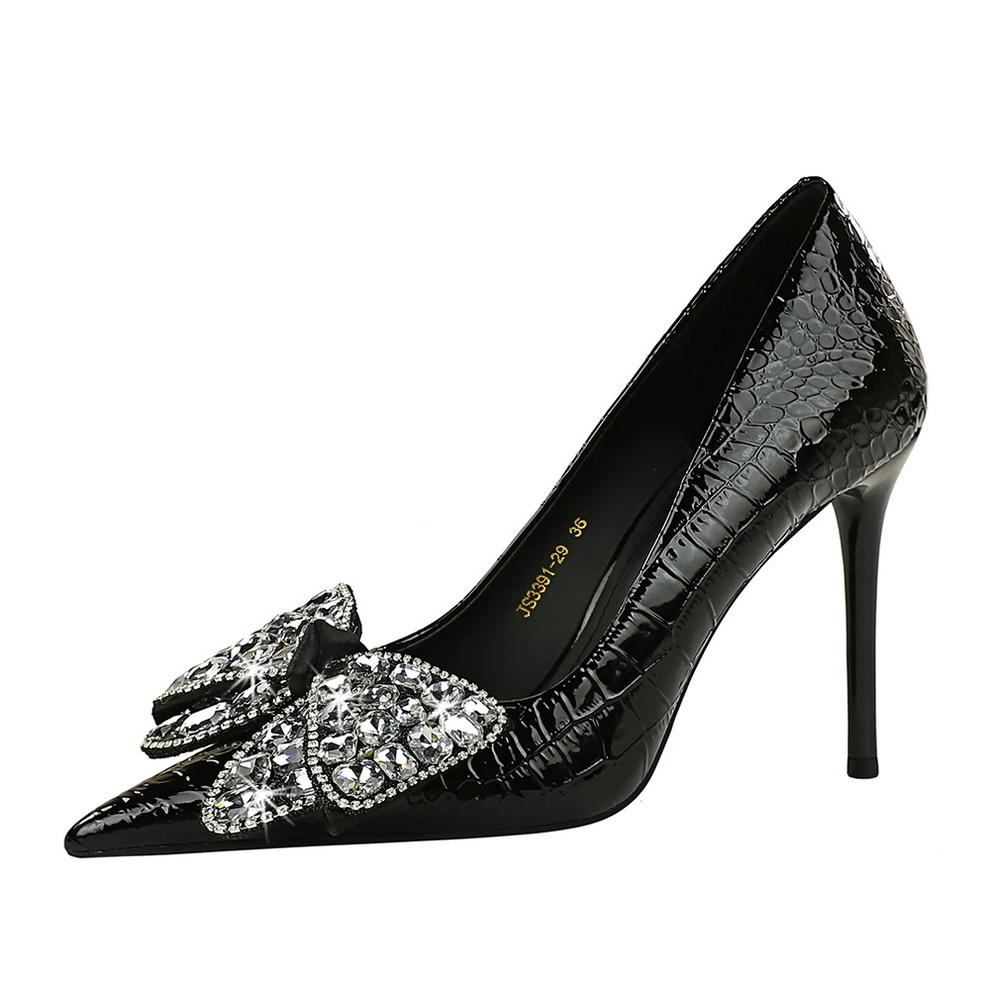 Thin Heel Stone Pattern Lacquer Skin Shallow Mouth Pointed Water Diamond Bow Tie Single Shoe High Heel