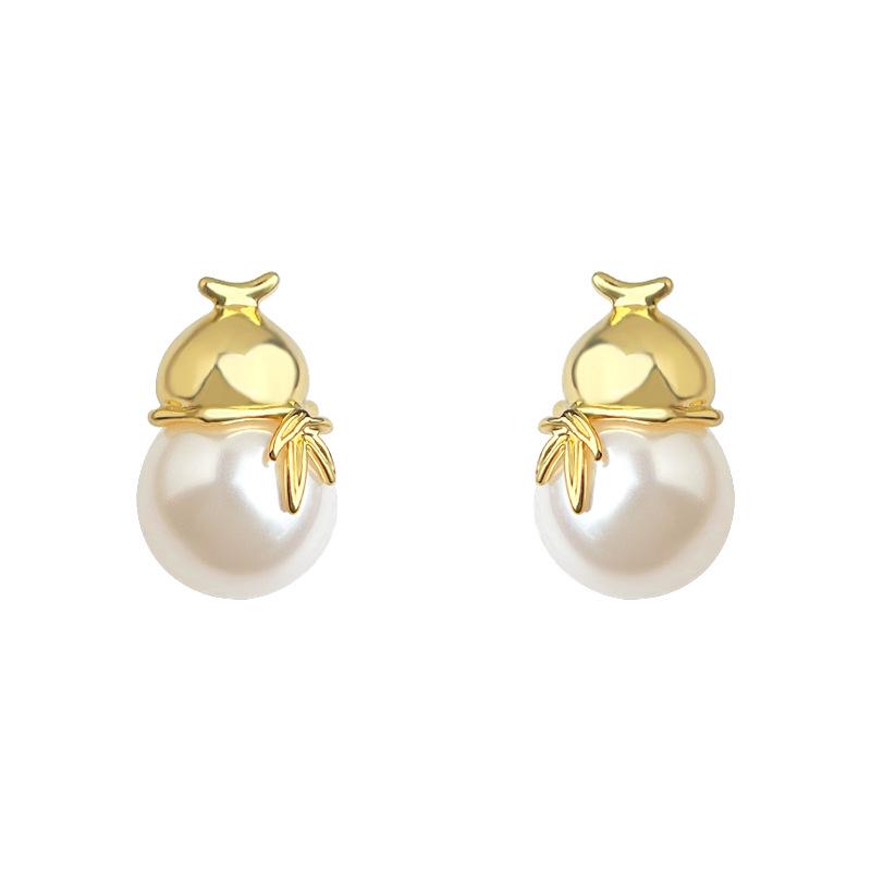 Fu Lu 18K Gold Perlen Kürbis Ohrstecker - Retro Chinesischer Stil, Leichter Luxus Mode