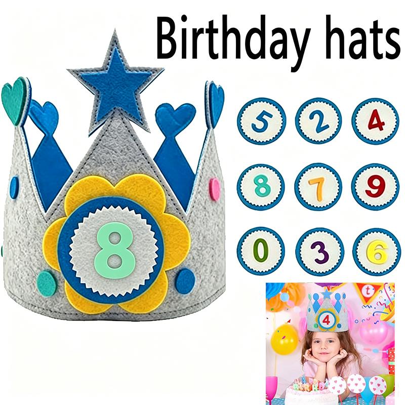 1PCS Felt Birthday Crown with Interchangeable Numbers - Children's Happy Birthday Hat, Baby's Crown for 1 Year Old Decoration, P