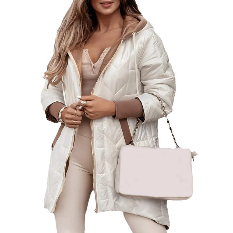 2025 Autumn/Winter Hooded Loose Cotton Padded Jacket - Solid Color, Long Sleeve with Zipper Closure