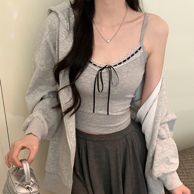 Sleek Lace Trim Camisole Tank with Chest Pads: Backless, Bow-Accented for Women