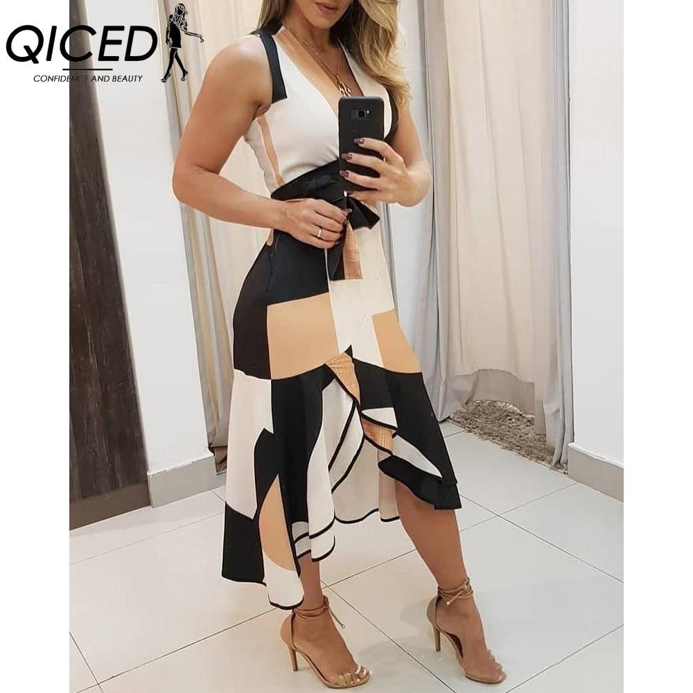 QICED Nuova Moda Donna Senza Maniche Scollo a V Abito Canotta con Stampa Colorata
