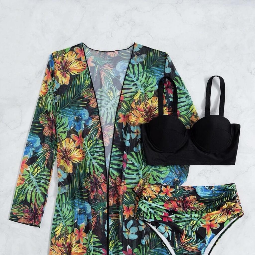The New European And American Sexy Mesh Bikini Three-Piece Set Gathers And Splits The Printed Swimsuit For Women
