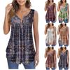 Women's Fashion Floral Printing Pleated Sleeveless Casual T-shirt Vest Button Top