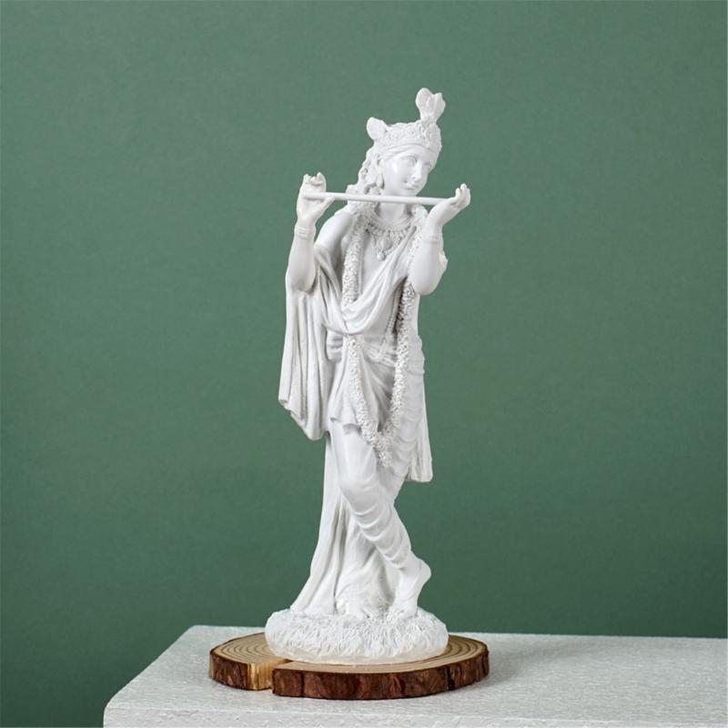 Standing Hindu God Krishna Resins White Marbled Finish Sculpture Figurine Ornament for Home Office Desktop Decoration X3UC