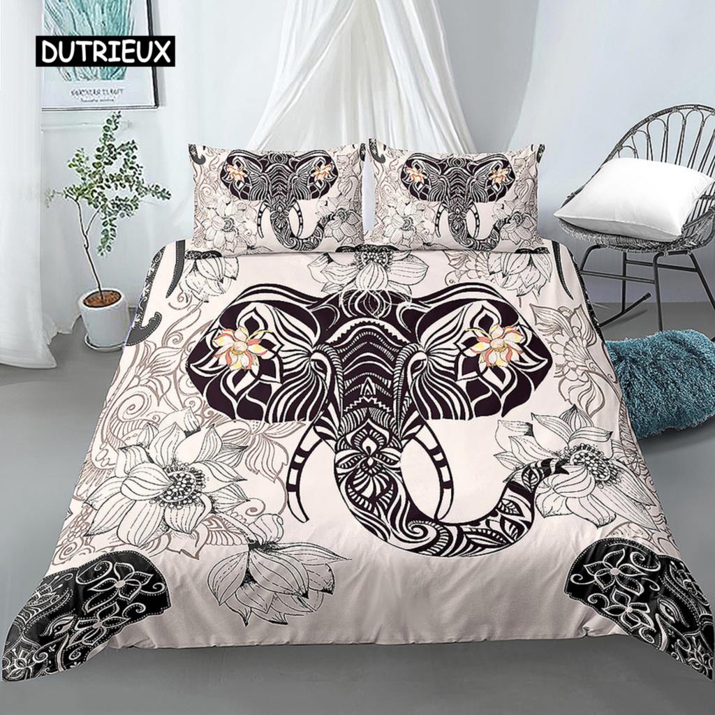 Elephant Duvet Cover Set Bohemian Style Decorative Quilt Cover Set Soft Microfiber Double Queen King Size Polyester Bedding Set