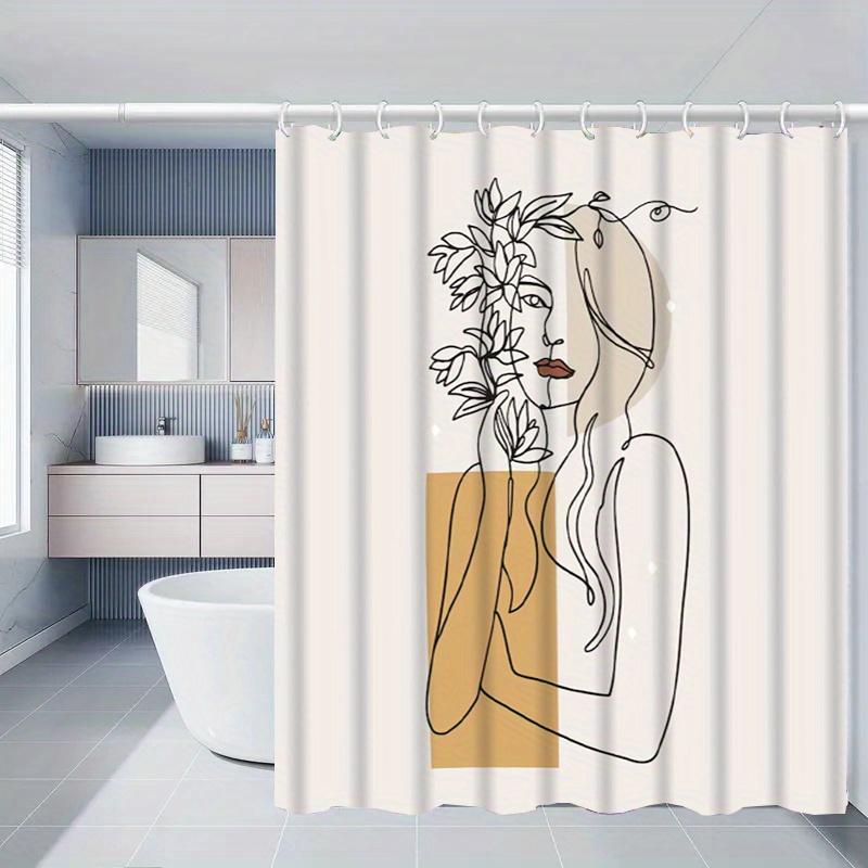 

Abstract Line Art Shower Curtain Woman Holding Flowers Beige And Mustard Design Waterproof Bath Curtain Modern Boho Decor W60H190(CM)-1 Pcs