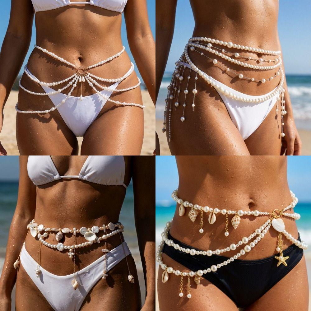 New Multilayer Tassel Boho Waist Chain Pearl Seashell Waistband Conch Pendant Belly Chain Jewelry