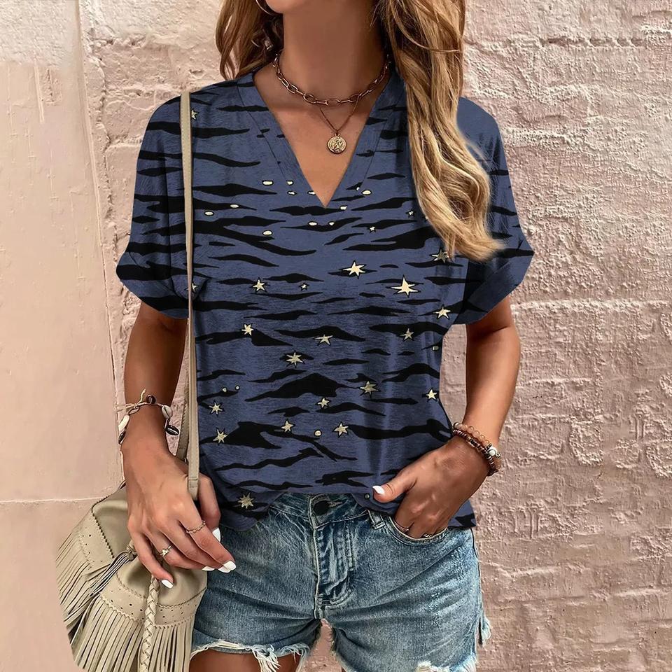 Summer V-neck short sleeved shirt with fashionable casual printed T-shirt XS