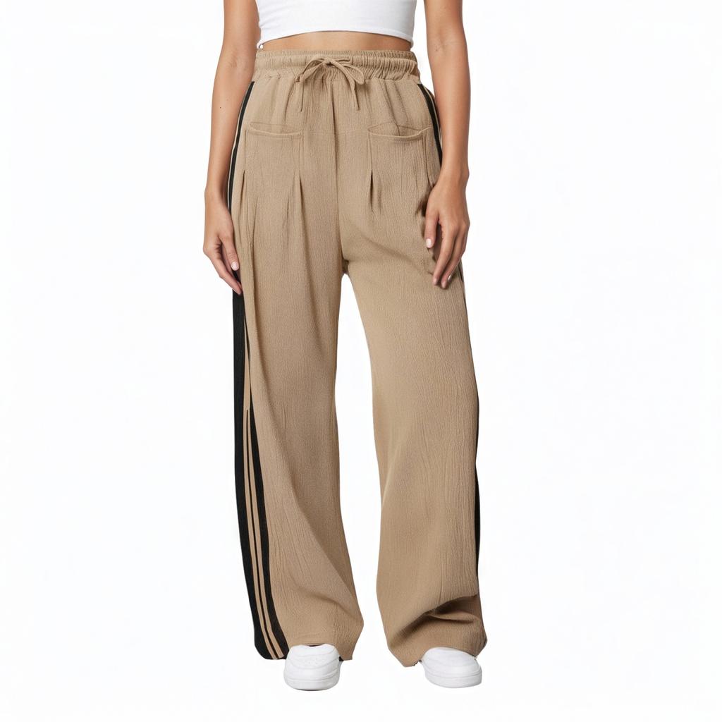 Women's Striped Side Loose Pants, Casual Waist Cinched Slanted Pocket Loose Pants