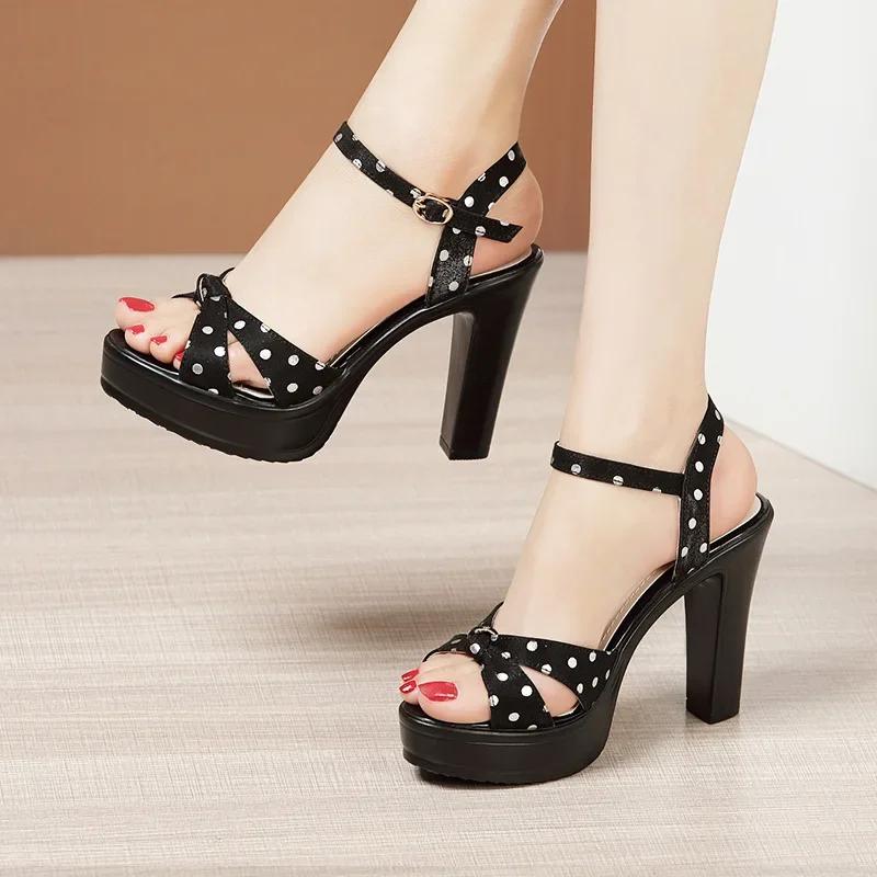 8cm 10cm Small Size 32-43 Elegant Polka Dot Shoes Summer Platform Sandals 2025 Womens Block High Heels Sandals for Office Model
