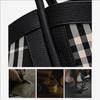 Women's Canvas and Genuine Leather Tote Bag Plaid Design Top Grain Cowhide Shoulder Handbag for Everyday Use Black and White