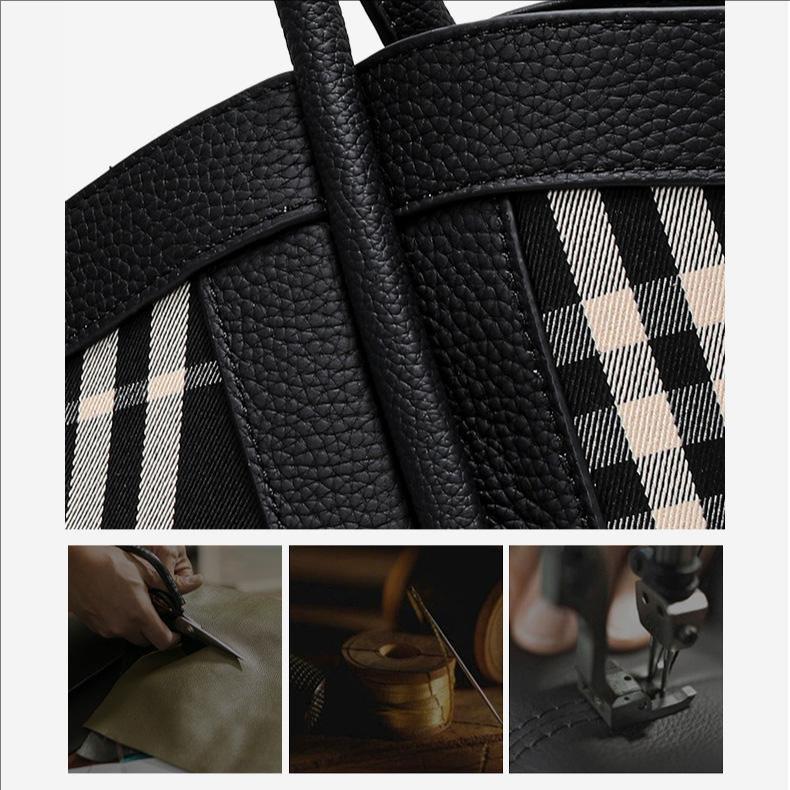 Women's Canvas and Genuine Leather Tote Bag Plaid Design Top Grain Cowhide Shoulder Handbag for Everyday Use Black and White