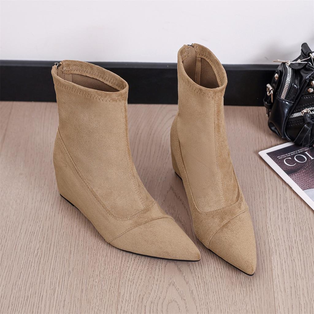 Autumn new nude pointed wedge heel short boots women's high heel suede elastic socks boots versatile commuter and ankle boots