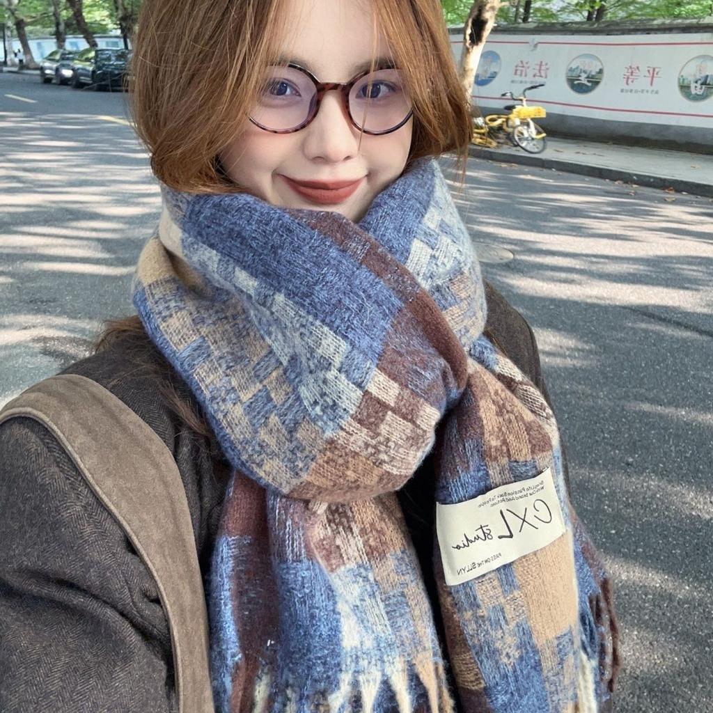 High-End Temperament Atmospheric Blue Plaid Scarf Women's Winter Versatile Thickened Couple Warm Student Neck Warmer