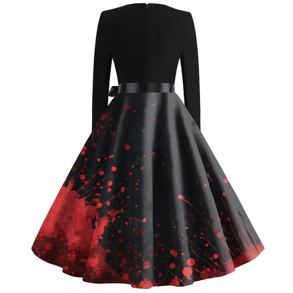 Women's Casual Fashion Halloween Printed V-Neck Vintage Dress