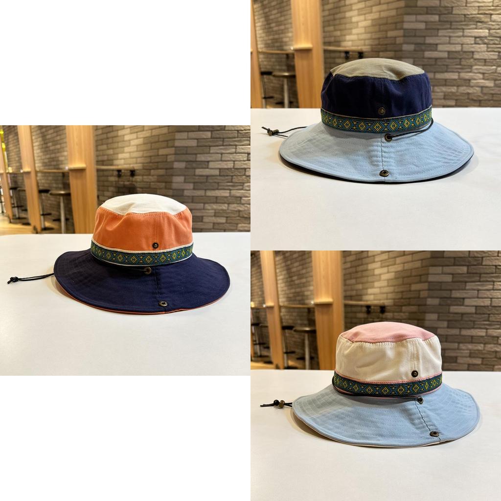 Retro Ethnic Style Sun Protection Fisherman Hat For Women Blue Color Block Wide Brim Hat Men Outdoor Hat