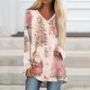 Ladies' Fashionable Casual Christmas Printed T-shirt Long Sleeved V-neck Mid Length Top